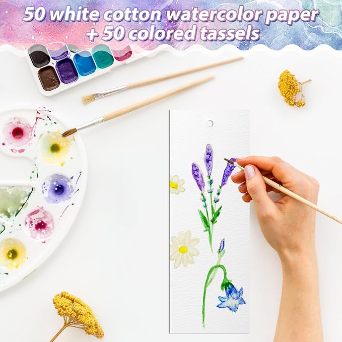 Skyygemm 100 Pcs Watercolor Paper Blank Bookmarks with Colorful Tassels DIY Book Marks Kit Cotton Watercolor Paper Bookmarks with Hole Bookmark Pad for DIY Classroom and Gifts Tags, 5.5 x 2 Inches