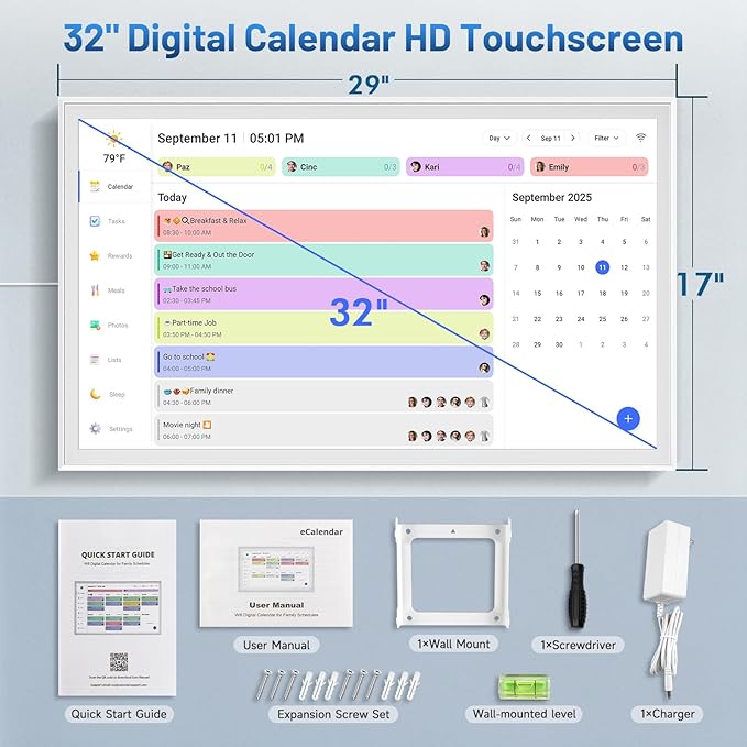 32 Inch Digital Calendar, Electronic Chore Chart, Smart Weekly and Monthly Planner 1920 * 1080P IPS Touchscreen Wall Calendar Rewards for Family Schedules, Meal Planning Gift