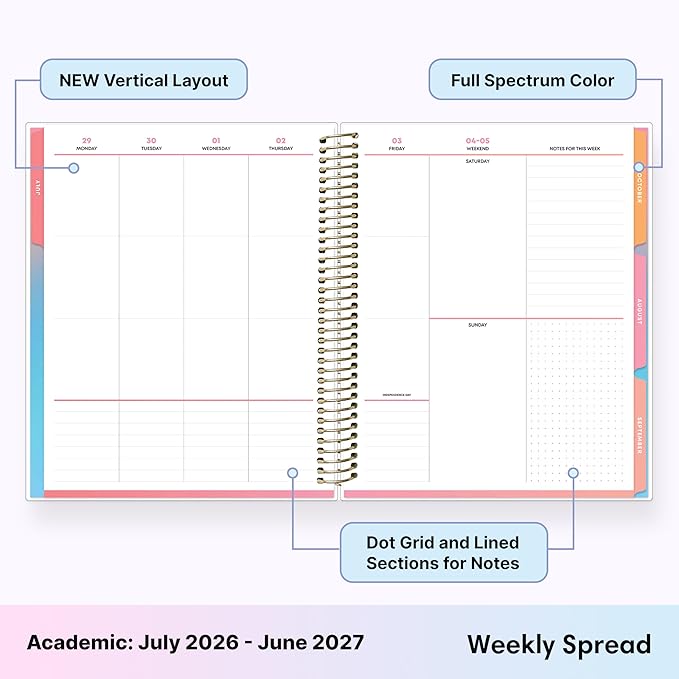 Blue Sky Livewell 2026-2027 Weekly and Monthly Academic Year Planner Calendar, July 2026 - June 2027, 7" x 9", Flexible Cover, Wirebound, Colorful Interior, Laminated Tabs, Storage Pocket, Includes Stickers, Rainbow