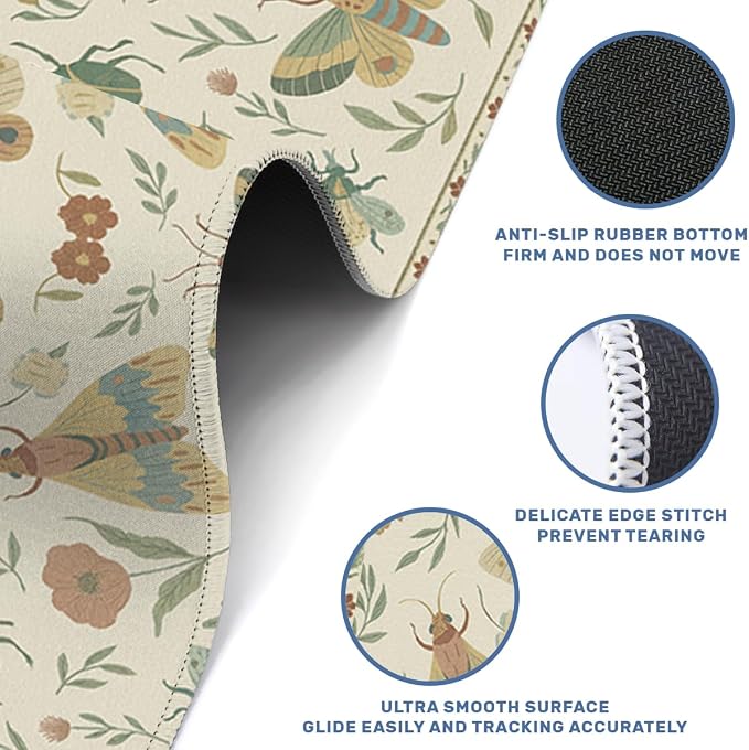 Vintage Insects Desk Mat Gaming Large Mouse Pad Moth Beetle Botanical Nature Mousepads Computer Keyboard Pad Mouse Mat Laptop Mat 31.5 x 11.8 Mouse Pads for Desk Home Office Gaming