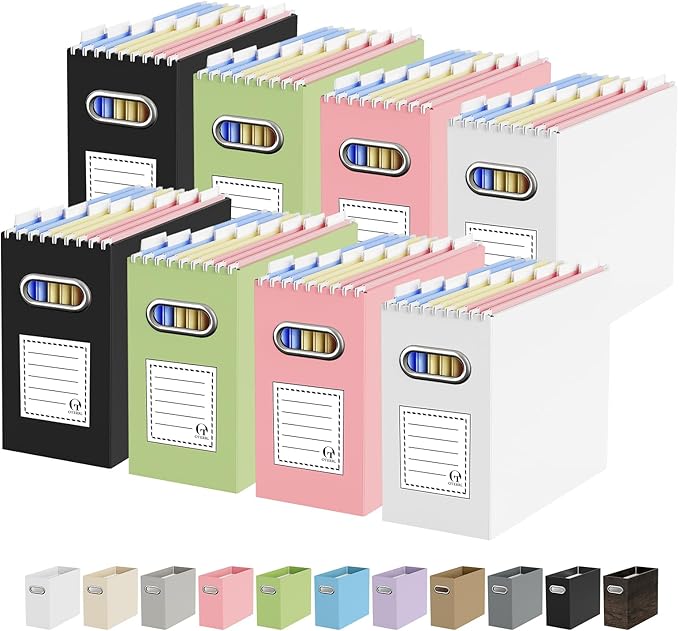 Oterri File Organizer Box, Portable Collapsible Cardboard File Folder Organizer with Handle for Letter Size Hanging Files, Document Storage Box for Home Office & Classroom (8 Packs, Multi color)