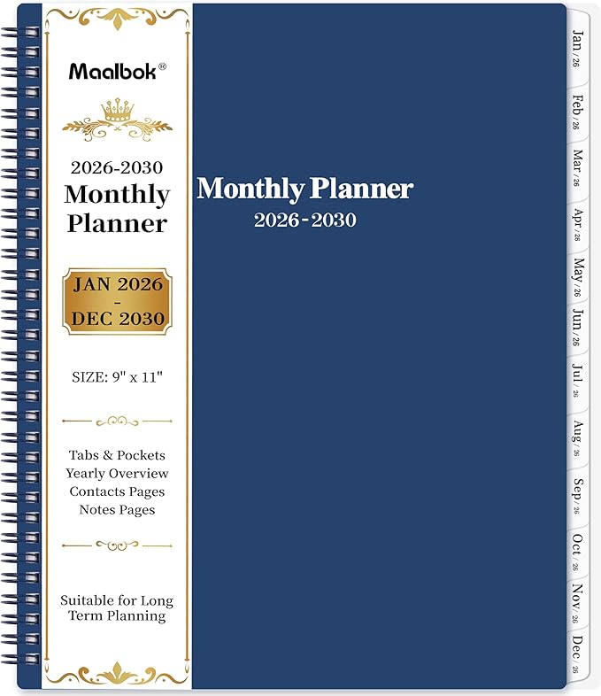 2026-2030 Monthly Planner/Calendar - Jan 2026 - Dec 2030, 5 Year Planner with Tabs & Celebrity Quotes, 9" x 11", 60 Monthly Calendar 2026-2030, Two-Side Pocket, Suitable for Long-Term Planning - Blue