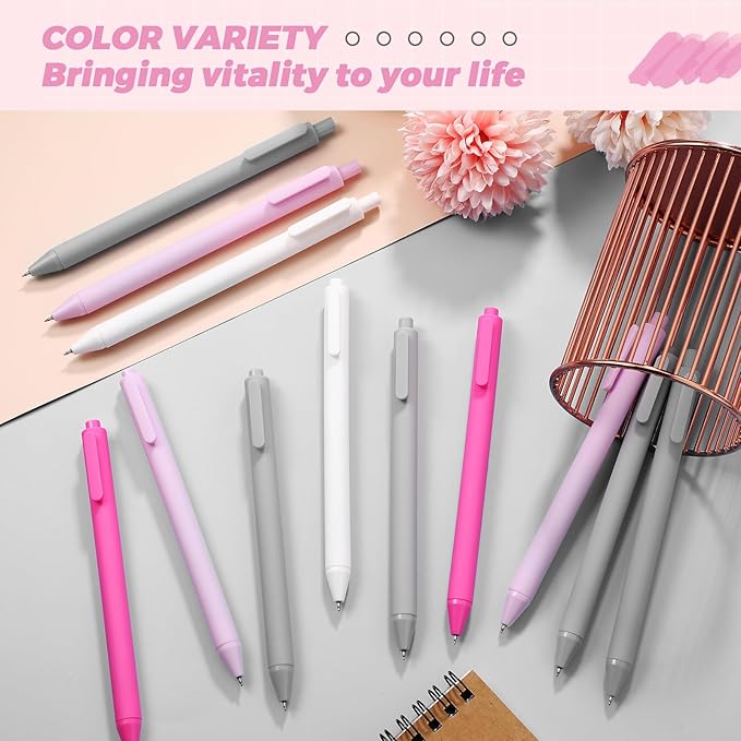 Cholemy 24 Pack Retractable Pens Bulk Pastel Gel Ink Pens 0.5mm Fine Point Tip Black Ink with Grip Smooth Writing for Journaling Note Taking School Supplies (Pink)