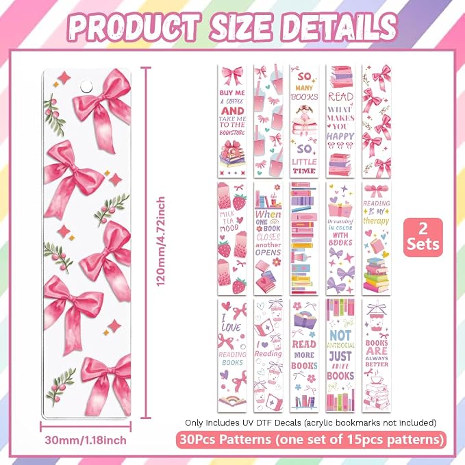 Peacoblue 30pcs UV DTF Bookmarks Transfer Stickers Wraps Pink Bow and Book for Women Men Reading, Waterproof Bookmarkers Decal(No Blank Bookmarks) for Acrylic Plastic Metal Blank Bookmark