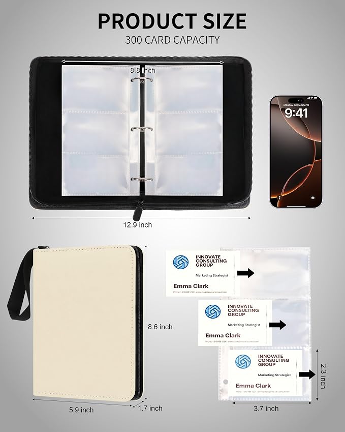 Leather Business Card Book Holder Organizer, Professional Name Card Book Holder with 300 Card Capacity, Portable PU Credit Card Binder File Sleeve Storage for Men Women,50 Pack Sleeves Zipper Closure