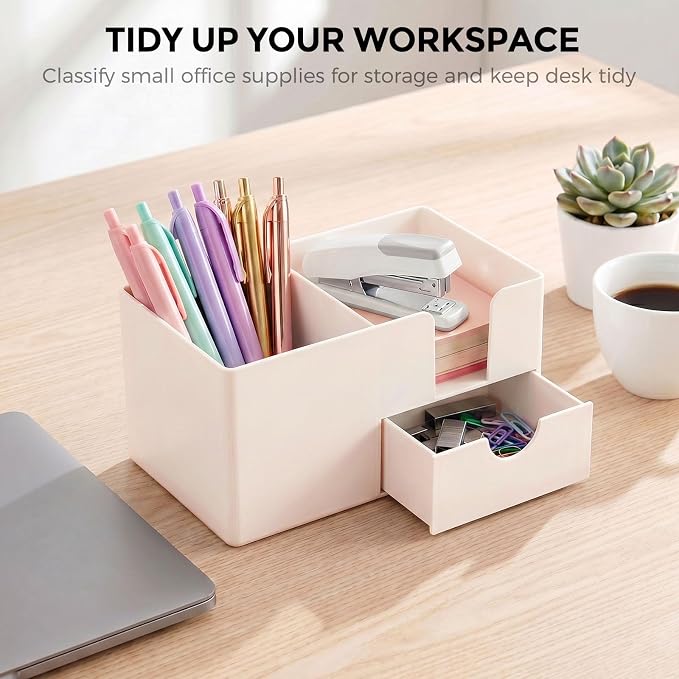 SKYDUE Small Desk Organizer with Drawer | 3 Compartments, Desk Pen Holder, For Home, School, Classroom & Office