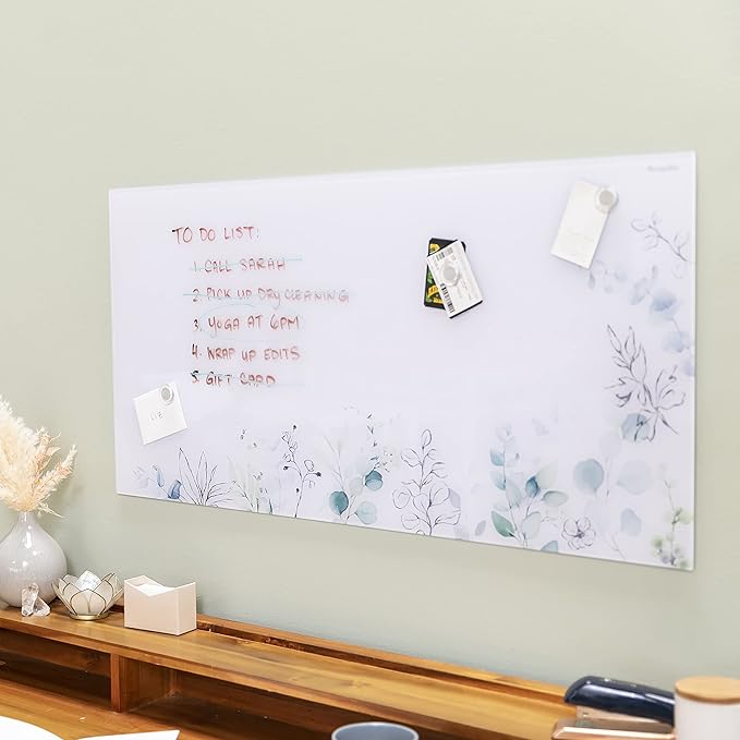 ECR4Kids MessageStor Dry-Erase Glass Board and Magnets, Office Essentials, Botanical