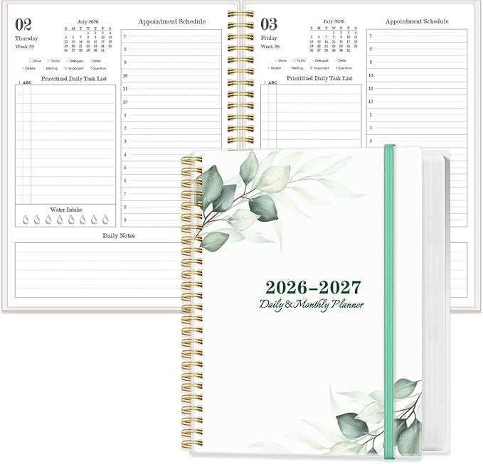2026-2027 Daily & Monthly Planner Calendar - Daily Planner Calendar One Page Per Day from July 2026 to June 2027, Flexible Cover, 7" x 10", Storage Pocket, Green Leaf