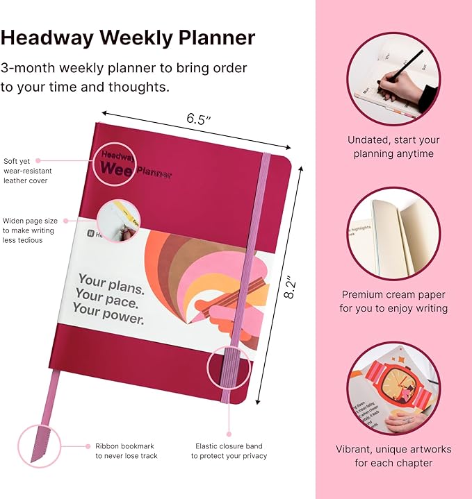 Headway 2026 Planner, 3-Month Leather Soft Cover Calendar Planner for Women, 8.2" x 6.5", Agenda & To-Do List Book with Bookmark, Undated Daily & Weekly Pages, Organizer for School Home Office, Pink