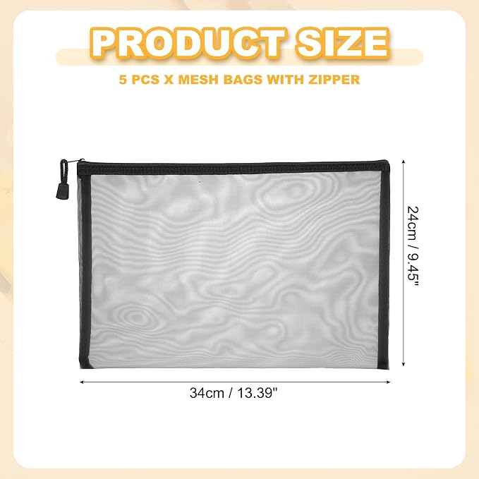 PATIKIL A4 Mesh Zipper Pouch Bags, 5 PCS Mesh Bags with Zipper Plastic Storage Pocket for Organizing File Beads Office Home Supplies, 34x24cm, Black