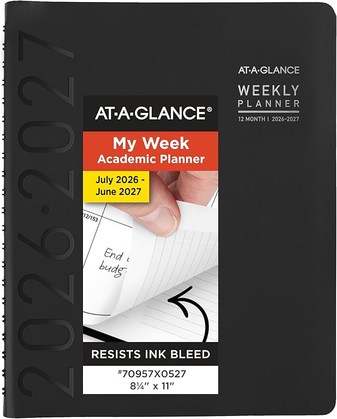 AT-A-GLANCE Planner 2026-2027 Weekly & Monthly Academic 12-Month July-June Half-Hourly Appointment Book, 8-1/4" x 11", Contemporary, Black (70957X05)
