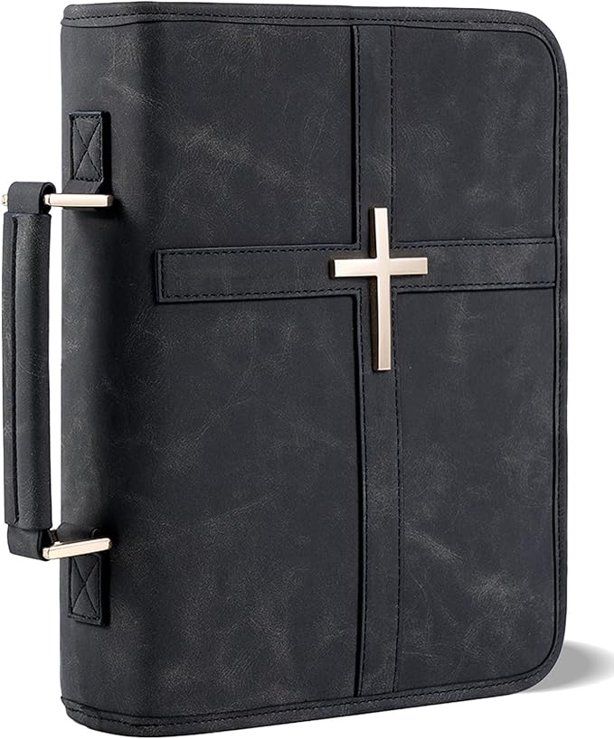 Vegan Leather Bible Cover for Men & Women, Bible Case with Gift Box, Christian Catholic Religious Bible Gifts (Black)
