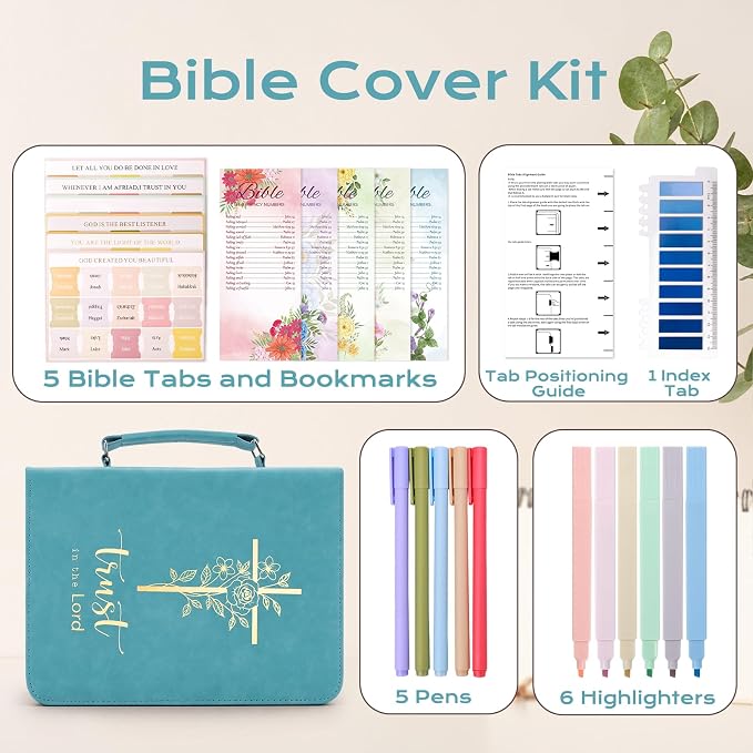 XKDOUS Bible Cover Case for Women, Leather Bible Bags with Handle, Study Supplies Journaling Kit, Gold Foiled Cross Carrying Case Large Church Book Holder Christian Gifts for Lady