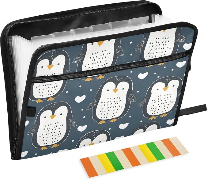 Expanding File Folder Cute Penguin Blue Accordion File Organizer 13 Pockets Document Organizer with Zipper Labels A4 Letter Office Storage