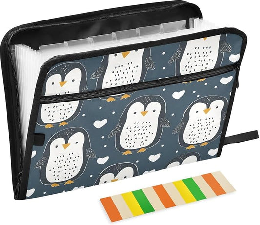 Expanding File Folder Cute Penguin Blue Accordion File Organizer 13 Pockets Document Organizer with Zipper Labels A4 Letter Office Storage