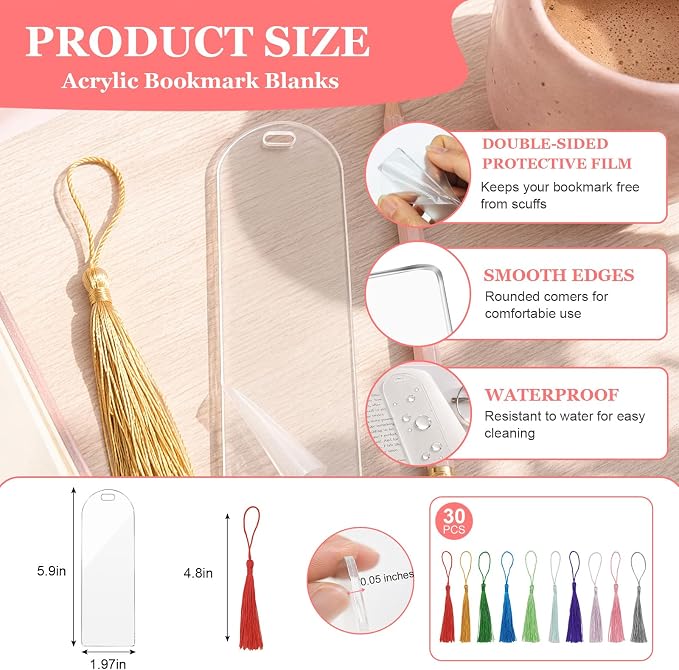 90Pcs Acrylic Bookmark Blanks Kit-30 Set Clear Acrylic Bookmarks 6" x 2" with 30 Tassels & 30 Self-Adhesive Bags,Acrylic Bookmark Bulk for DIY Bookmarks Crafting Project and Gift Tags(Semicircle)