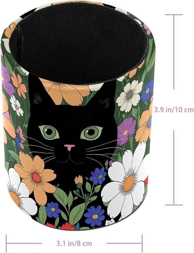 Cat Flower Pen Holder Pencil Organizer Cute Pencil Cup Desk Decor Makeup Brush Holder PU Multifunctional Office Supplies for Home Classroom School