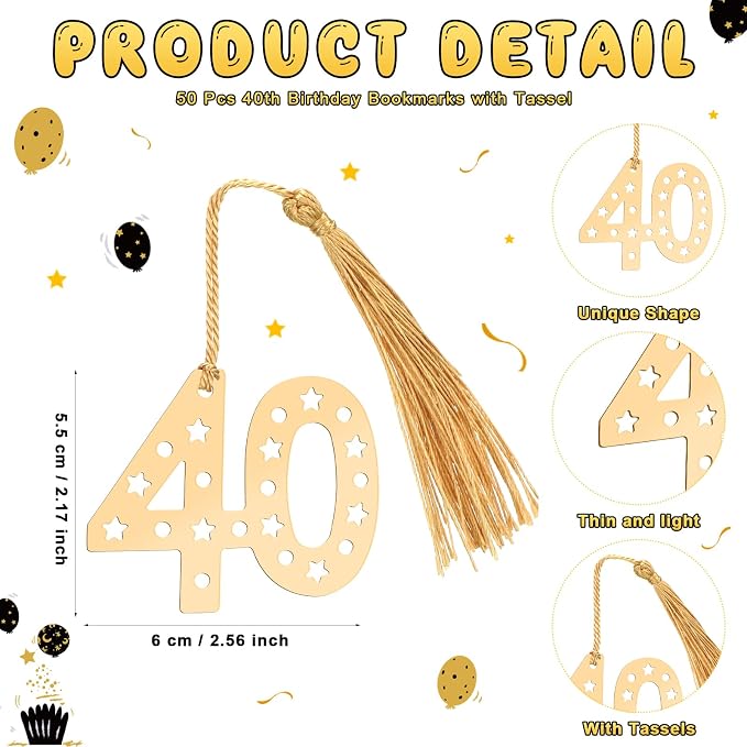 Spakon 50 Set 40th Birthday Party Favor for Guest Anniversary Party Favor Golden Birthday Bookmark Thank You Pen with Tag Appreciation Gifts for Women Men Wedding Anniversary