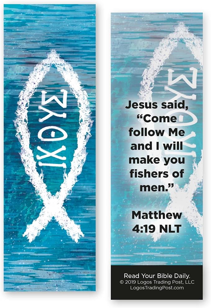 Ichthus Jesus Fish, Matthew 4:19, Bulk Pack of 25 Christian Bookmarks for Kids, Childrens Bible Verse Book Markers, Sunday School Prizes with Memory Verses, Scripture Gifts for Kids & Youth