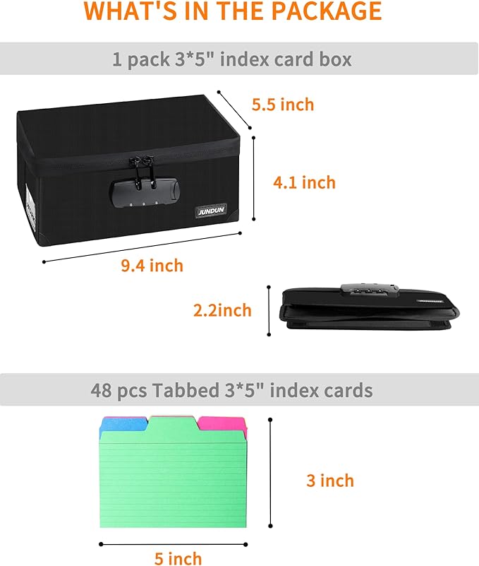 JUNDUN Index Card Holder with 48 Pieces 3x5 Inch Index Cards Dividers,Collapsible Fireproof Index Card Box with Lock fits 1200 3x5-Inch Flash Cards - Business, or Note Card Storage Boxes - Black
