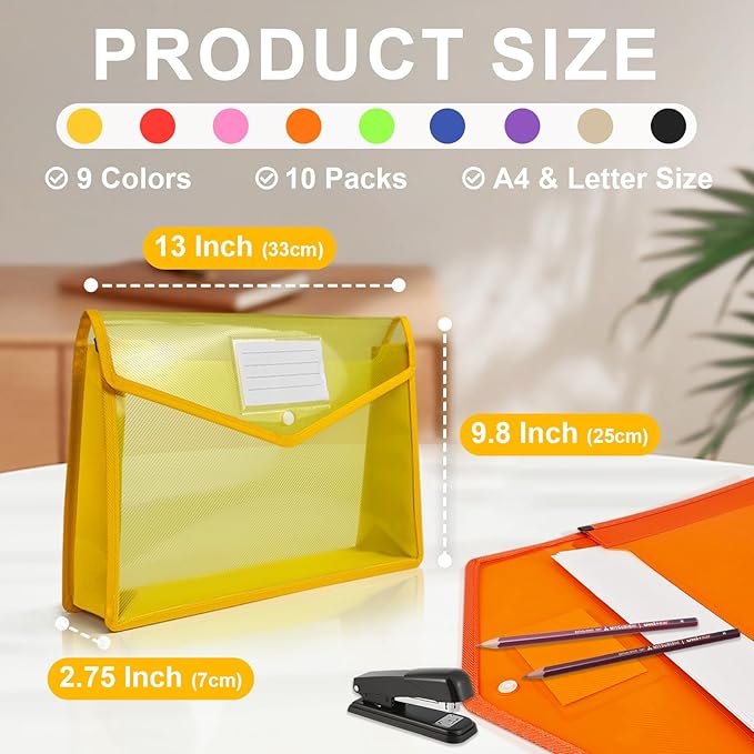 HOUYEE Pack of 10 Plastic Expanding File Folder,Multicolor Envelope File Folder Organizer Holder with Snap Closure,Expandable File Wallet Large Capacity, Fit Letter Size / A4 Documents