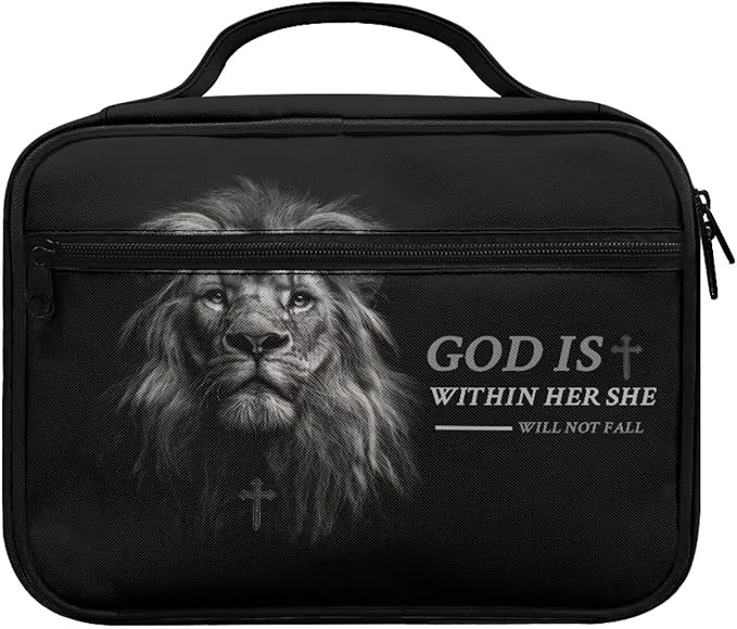 Lion Print Bible Covers for Women Men Zippered Bible Carrier Book Bag, God is Within Her She Will Not Fall, Church Bag Bible Protective with Handles Christian Gifts, Black
