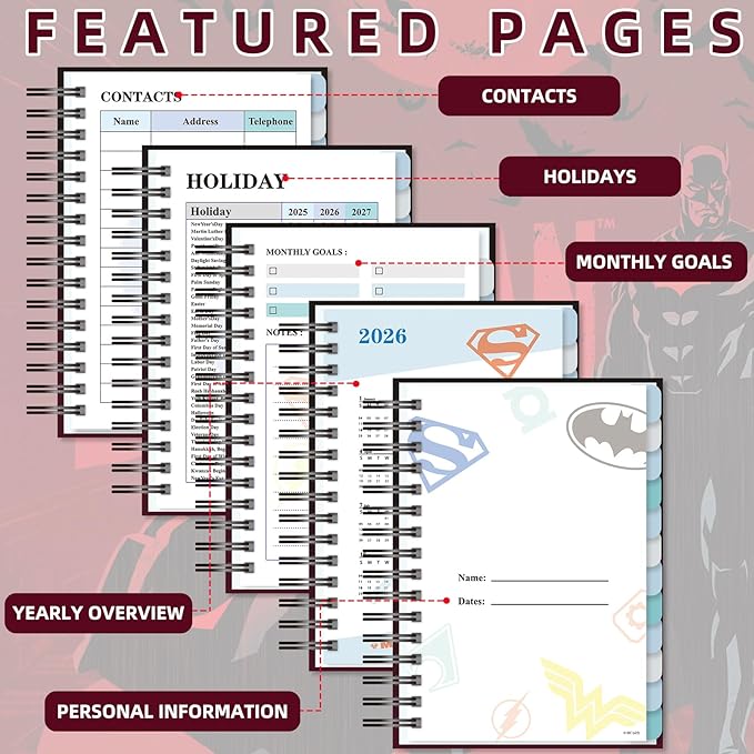 Batman 2026 Planner – Superhero Undated Daily Weekly & Monthly Planner with Calendar & Holiday Tracker, Monthly Tabs, Habit Tracker, 12 Months Spiral Agenda Book for Office School Gift Supplies
