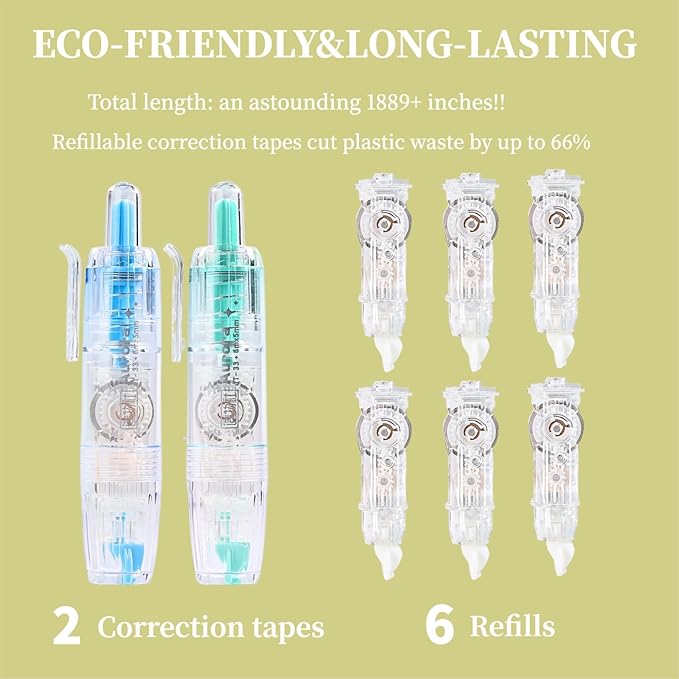 Refillable Correction Tape, 157 ft Total – 2 Pre-Filled Dispensers + 6 Snap-In Refills, School & Office, Blue+Green
