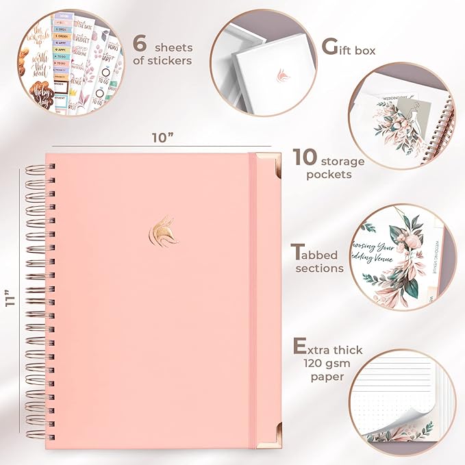 Clever Fox Wedding Planner – Notebook Organizer for Bride – Wedding Planning Binder Book with Pockets – Engagements Gift, 10x11″ (Light Pink)