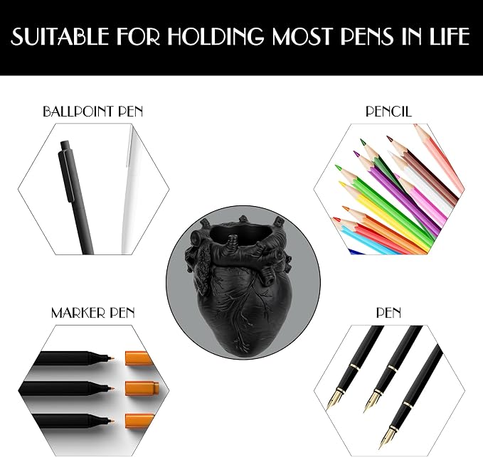 Anatomical Heart Pencil Holder, Black Resin Organ-Shaped Pen Cup Desk Organizer, Realistic Human Heart Decor, Stable Base