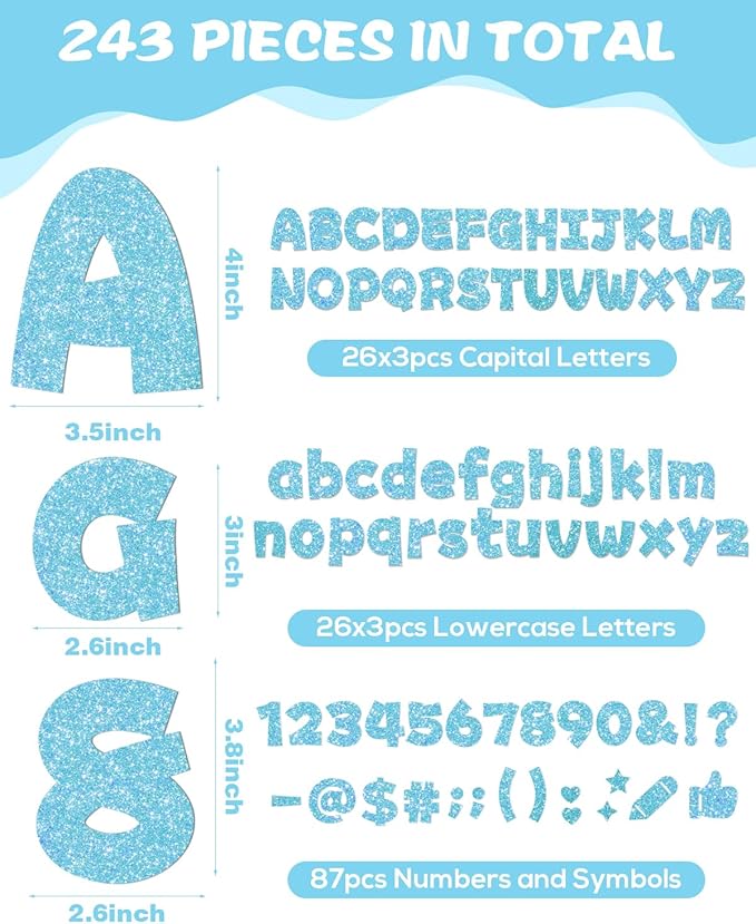 243 Pcs Glitter Bulletin Board Letters Set, 4 Inch Alphabet Poster Board Cardboard Cutouts with Numbers and Punctuation, Classroom School Wall Display Decorations (Light Blue)