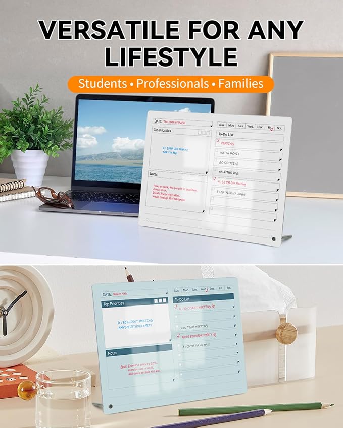 Acrylic Dry Erase to-Do List Board with Top Priorities Notes, 9x13 Desktop Whiteboard Planner with Stand, Daily Task Organizer for Office/Home/School, Includes 3 Dry Erase Markers (Pink)