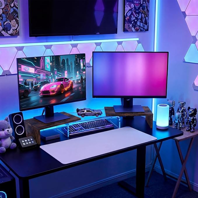 Dual Monitor Riser, Acrylic Monitor Riser with Keyboard Storage, Adjustable Angle & Length Computer Monitor Stand, Wide Desk Shelf for Top of Desk for Home Office_Wood Look