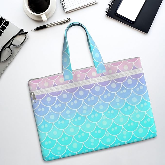 Canvas Zippered Document Bag with Handle, Waterproof Foldable File Storage Pouch Mermaid Scales Pastel Pink Purple Aqua Teal for Office Meetings