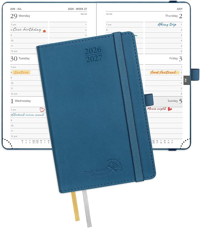 POPRUN Pocket Planner 2026-2027, Purse Size-4" x 6.25", Pocket Calendar (July 2026-June 2027) for Purse, Academic Small Weekly Planner with Hourly Slots, Leather Soft Cover, 100GSM - Night Sky Blue