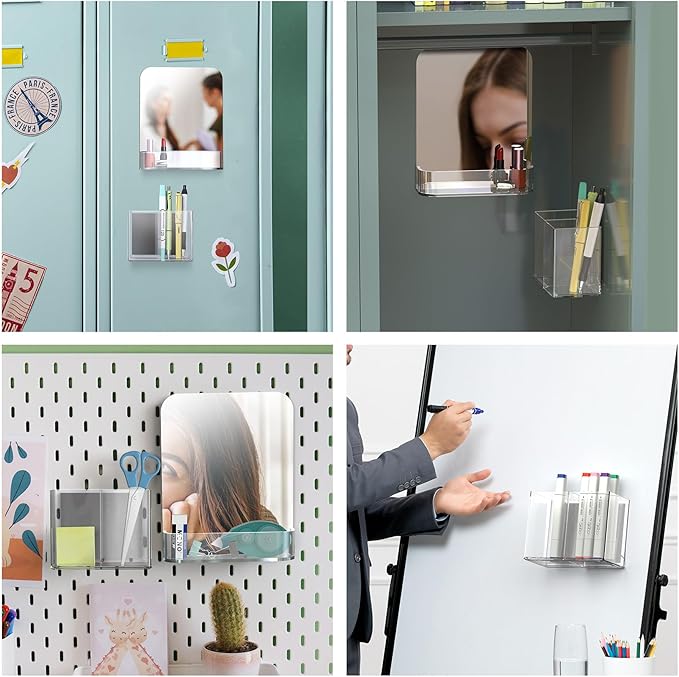 NiHome Magnetic Acrylic Locker Accessories Kit, Locker Mirror & Pen Holder Makeup Brush Holder - Eyebrow Stationery Locker Organizer with Mirror for School, Office, Gym Lockers & Home Fridge Use