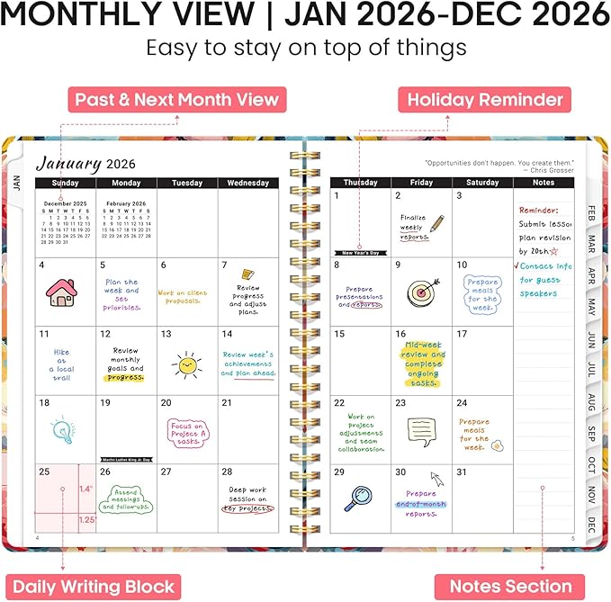 2026 Planner, Weekly and Monthly Calendar Planner Book, January 2026 - December 2026, Hardcover Spiral Planner with Monthly Tabs, Notes Pages, Perfect for Women & Men, A5 (6.4" x 8.5") - Garden