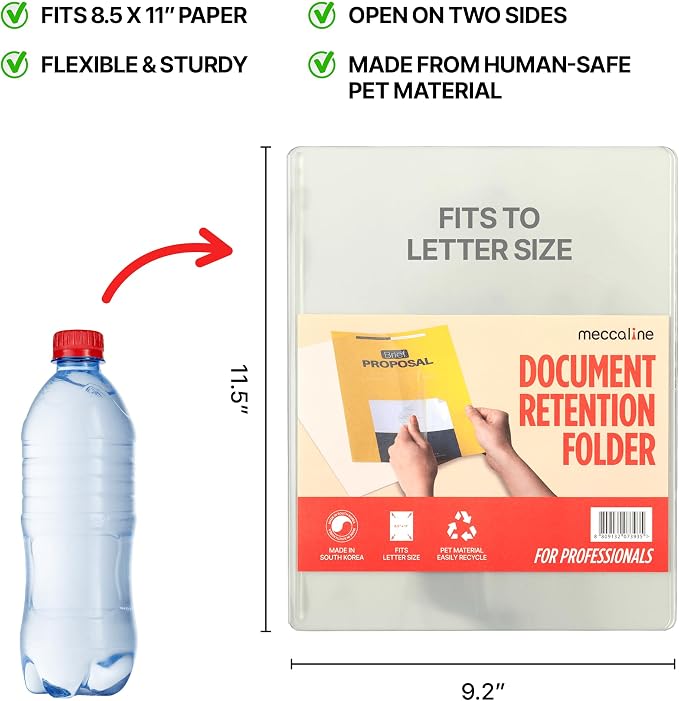 Clear Plastic File Folders for Document, Presentation, Project, or Portfolio Filing, Large Thick Heavy-Duty PET Sleeves for U.S. Letter Size Papers, 5-Pack