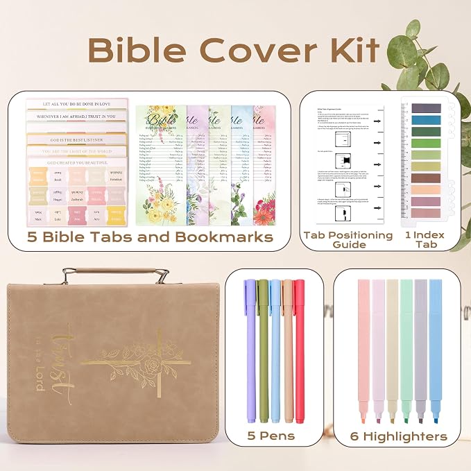 XKDOUS Bible Cover Case for Women, Gold Foiled Leather Bible Bags with Study Supplies, Tabs, Bookmarks, Pens, Large Book Carrying Case with Handle, Christian Gifts for Mom Lady Men
