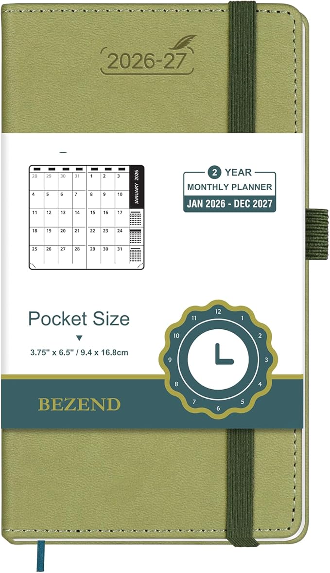 BEZEND Pocket Monthly Planner 2026-2027 (3.5" x 6.5") 2 Year Calendar Book for Purse with Note Pages, 100 GSM Paper, Inner Pocket, Pen Holder, Vegan Leather Hardcover in Kiwi