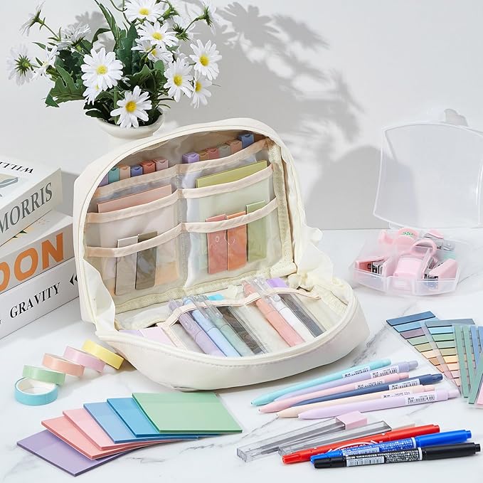 Sinload 60 Pcs Aesthetic Book Annotation Kit Pencil Case with Highlighter Gel Pen Mechanical Pencil Magnetic Bookmarks Transparent Sticky Note Tabs Mini Office Supplies(Cream Beige)