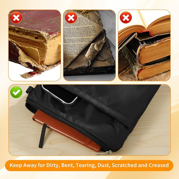 Book Sleeve Pouch, Black Polyester Book Protector, Books Sleeve with Zipper, for Paperback and Hardcover Books, a Gift for Book's Lovers