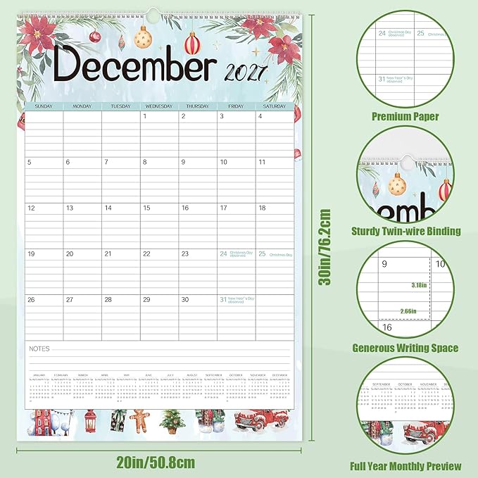 Guasslee 2026 Large Wall Calendar,20"x 30" Vertical Jumbo Hanging Wall Planner,19 Monthly Calendar from Jun. 2026 to Dec. 2027 with Lines,Spiral Binding and Notes for Easy Organizing