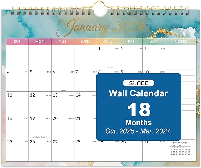 SUNEE 2026 Calendar- 18 Months Wall Calendar Oct. 2025 - Mar. 2027, 14.5"x11.5" Big Grid Hanging Calendar with Note for Organizing & Planning, Watercolor