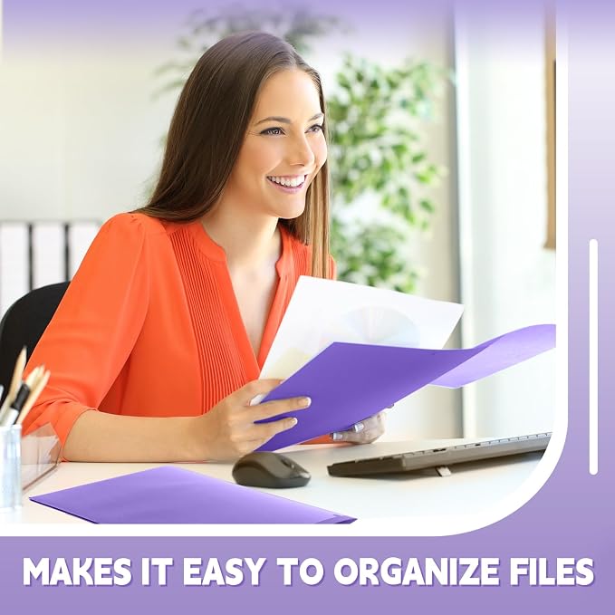 Gueevin 72 Pack Plastic Folder with Pockets, 2 Pocket Folders, Plastic Glossy Folders Fit Letter Size Paper, Heavy Duty Durable File Folder with Business Card for Home Office School (Purple)