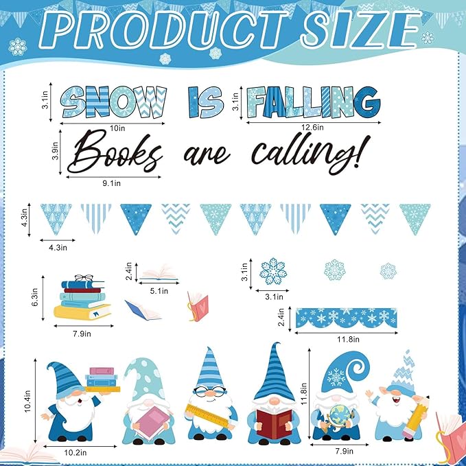 Pasimy Winter Bulletin Board Decorations Gnome Reading Classroom Decor January Bulletin Board Set Snow is Falling Books are Calling Snowflake Cutouts for Kindergarten Office Library Wall Door Display