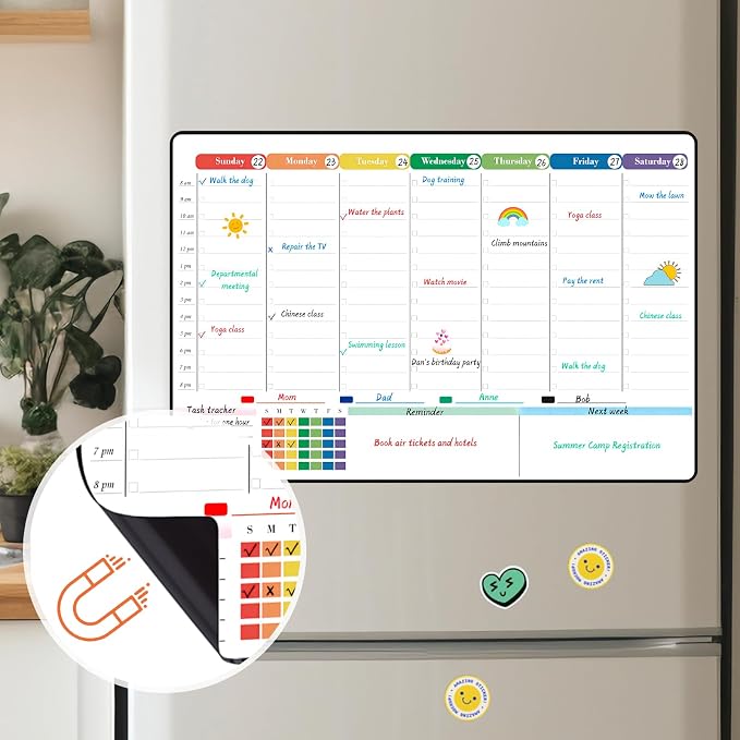 POPRUN Magnetic Calendar for Refrigerator 16.5"x11", Fridge Calendar Whiteboard with Hourly Time Slots Perfect as Schedule Planner, Planning Boards for Home, Family, Office, School