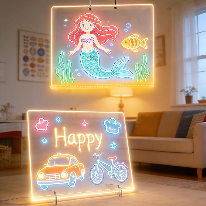 LED Drawing Board 2 Pack, 14x10 Inch Acrylic LED Note Board, Light Up Glow Memo Message Lumiboards, LED Neon Art Magic Pad w/ 7 Markers, Christmas Birthday Gift for Kids Girls Teens