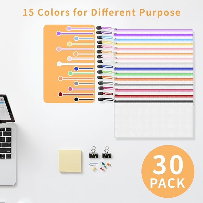 EVERECO 30pcs Pencil Pouches, 9.3x4.5 Inches Small Zipper Pouch, 15 Colors Bill Size Waterproof Zipper Pouches for Organizing, Board Game Storage and Office Supplies