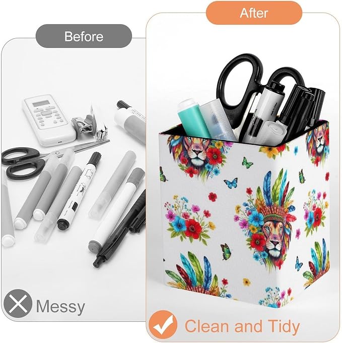 Holder Cup Makeup Brush Storage Organizer, Waterproof Multifunctional Office Supplies, Pen Holder Square Leather Pencil Colorful Lion Flowers Floral White Art